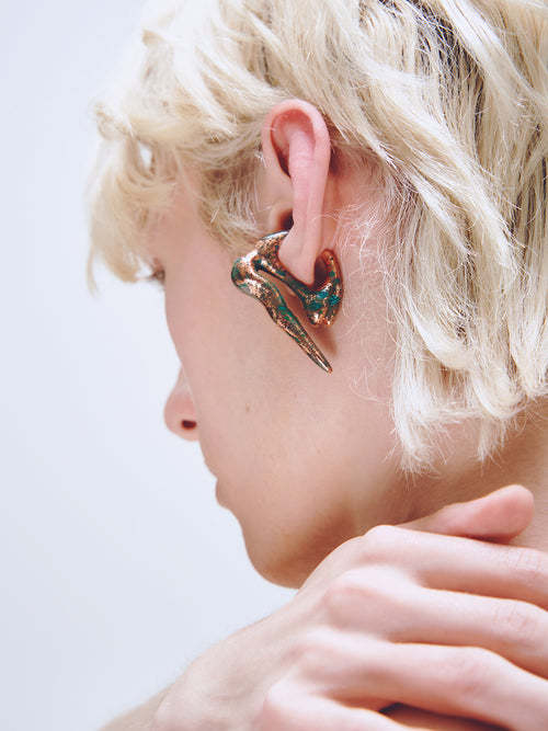 Decay Drift Ear Cuff in Copper worn on ear, close-up view |Color:Copper