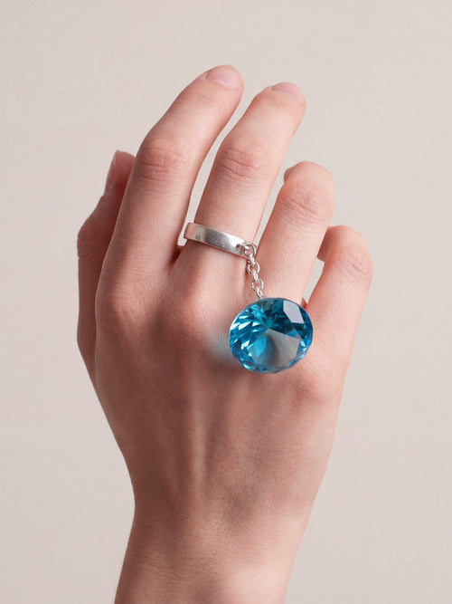 Glass Facet Ring in Blue worn on hand |Color:Blue