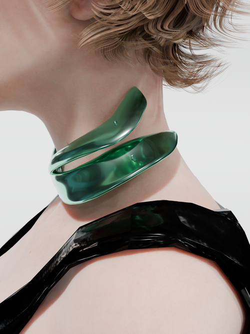 Haelyn Necklace in Emerald Green worn around neck, side view |Color:Emerald Green