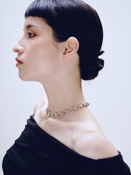 Lull Necklace in Silver worn around neck, side view |Color:Silver