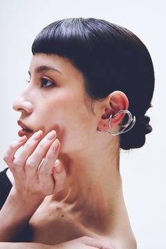 Tedium Ear Cuff in Silver worn on ear, side portrait view |Color:Silver