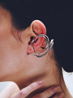 Tedium Ear Cuff in Silver worn on ear, detail view |Color:Silver
