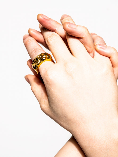 Undulation Ring in Gold worn on finger, close-up hand view |Color:Gold|Card:Hover
