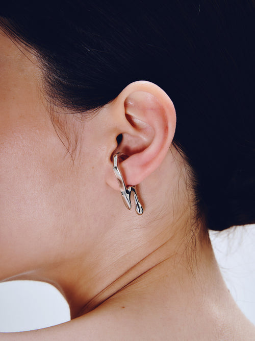 Drip Ear Cuff in Silver worn on ear |Color:Silver