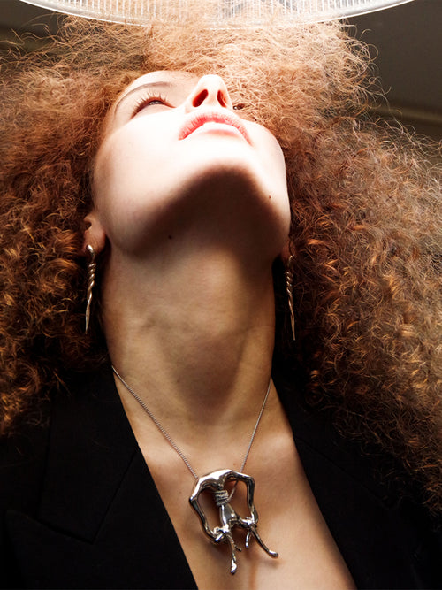 A Life Form Necklace in Silver worn around neck, alternate view |Color:Silver