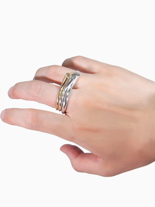 Brunch Ring Trio in Silver and Gold worn on fingers, alternate view |Color:Gold