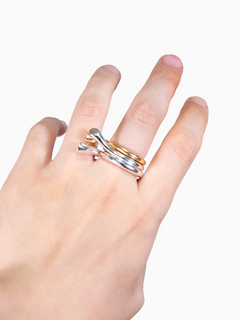 Brunch Ring Trio in Silver and Gold worn on fingers, side view |Color:Gold