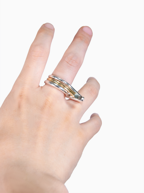 Brunch Ring Trio in Silver and Gold worn on fingers, alternate side view |Color:Gold