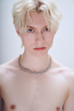 Dreary Link Necklace in Silver worn around neck, front portrait view |Color:Silver