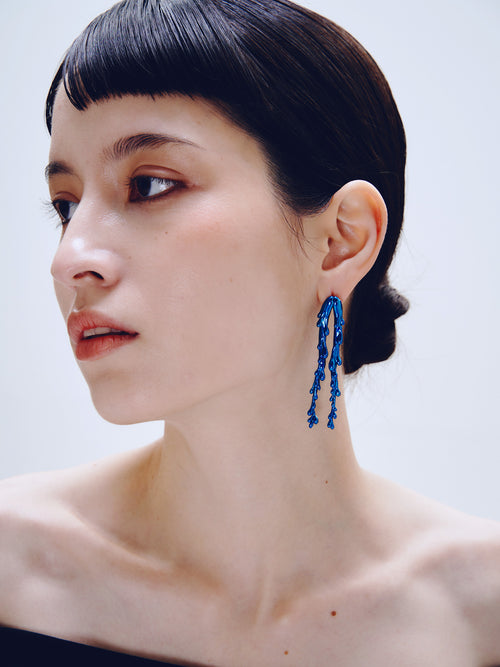 Drop Stand Earring in Blue worn on ear, side view |Color:Blue|Card:Hover