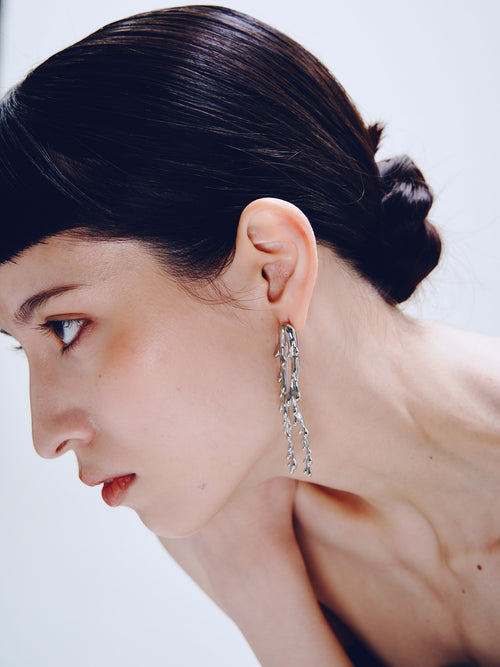 Drop Stand Earring in Silver worn on ear, side view |Color:Silver|Card:Hover