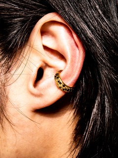 Exclave Ear Cuff in Gold worn on ear, close-up side view |Color:Gold|Card:Hover