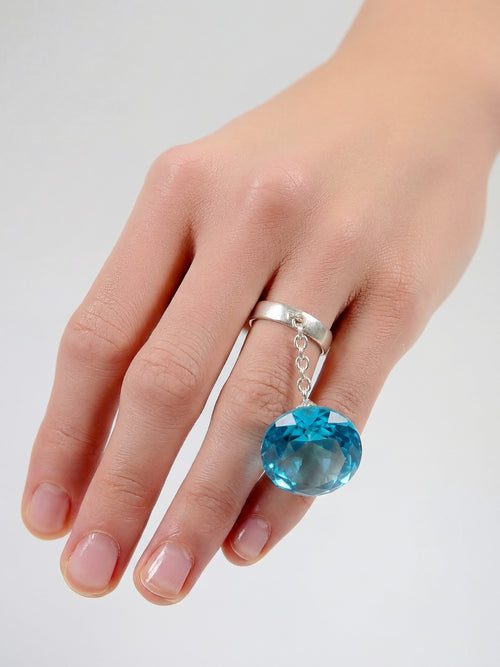 Glass Facet Ring in Blue worn on hand, alternate view |Color:Blue