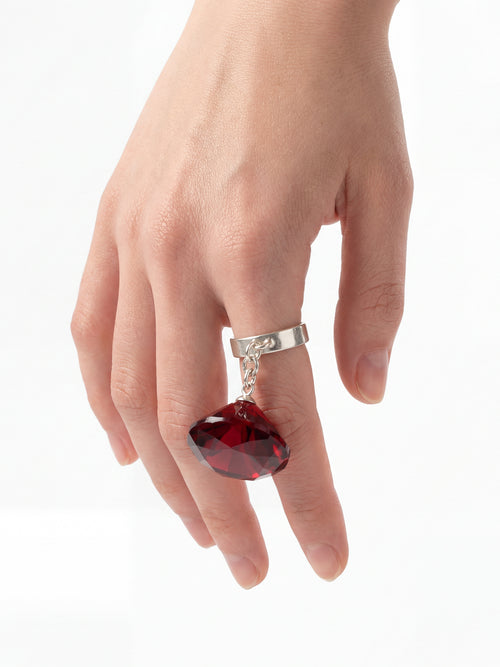 Glass Facet Ring in Red worn on hand, alternate view |Color:Red