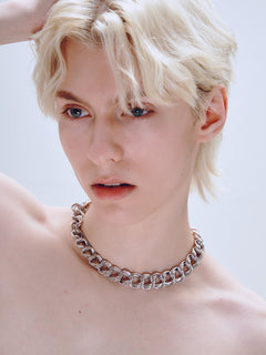 Languid Loop Necklace in Silver worn around neck, alternate close-up view |Color:Silver