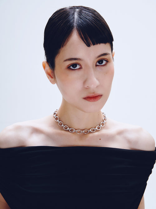 Lull Necklace in Silver worn around neck, front view |Color:Silver