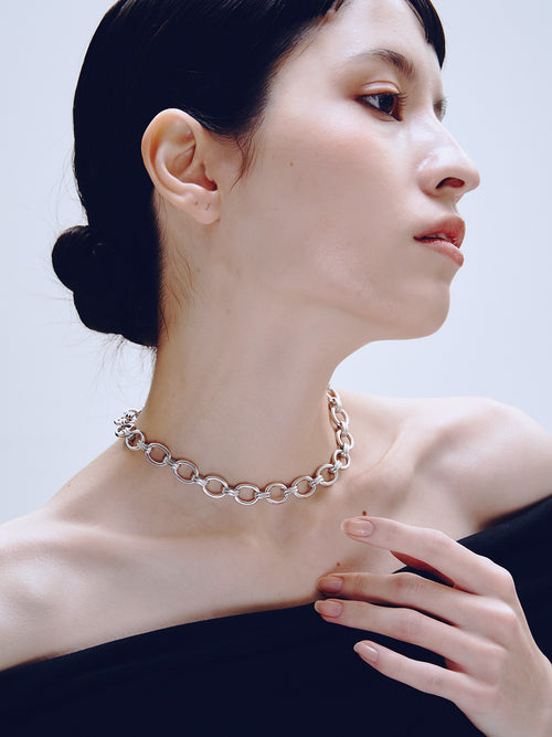Lull Necklace in Silver worn around neck, alternate view |Color:Silver