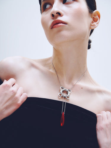 Swim Tube Necklace in Red worn around neck |Color:Red