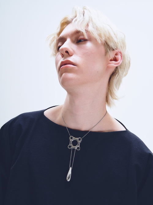 Swim Tube Necklace in Silver worn around neck, alternate view |Color:Silver