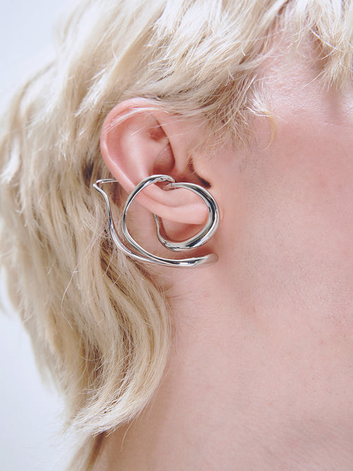 Tedium Ear Cuff in Silver worn on ear, close-up view |Color:Silver
