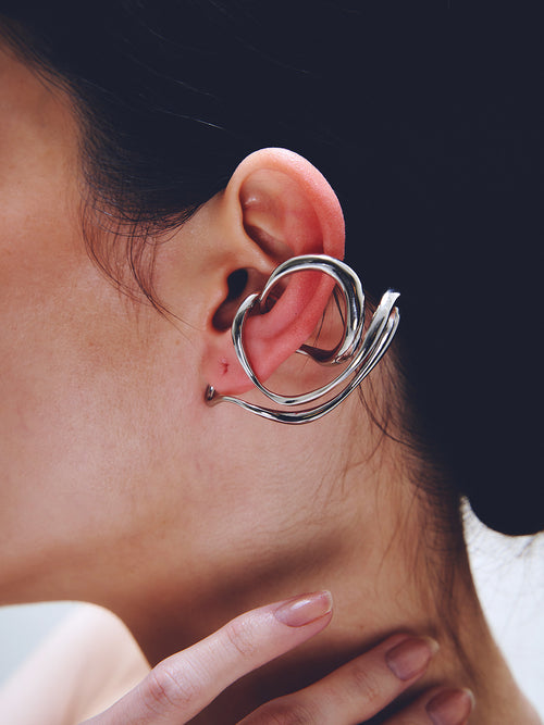 Tedium Ear Cuff in Silver worn on ear, detail view |Color:Silver