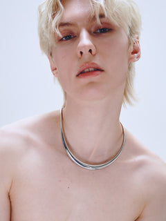 Wave Necklace in Silver worn around neck, front view |Color:Silver