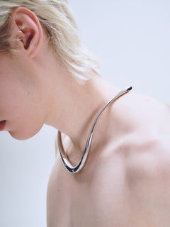 Wave Necklace in Silver worn around neck, side view |Color:Silver