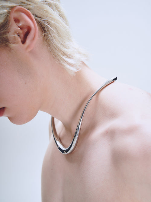 Wave Necklace in Silver worn around neck, side view |Color:Silver