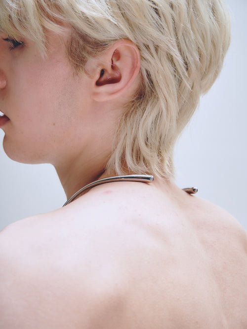 Wave Necklace in Silver worn around neck, back view |Color:Silver
